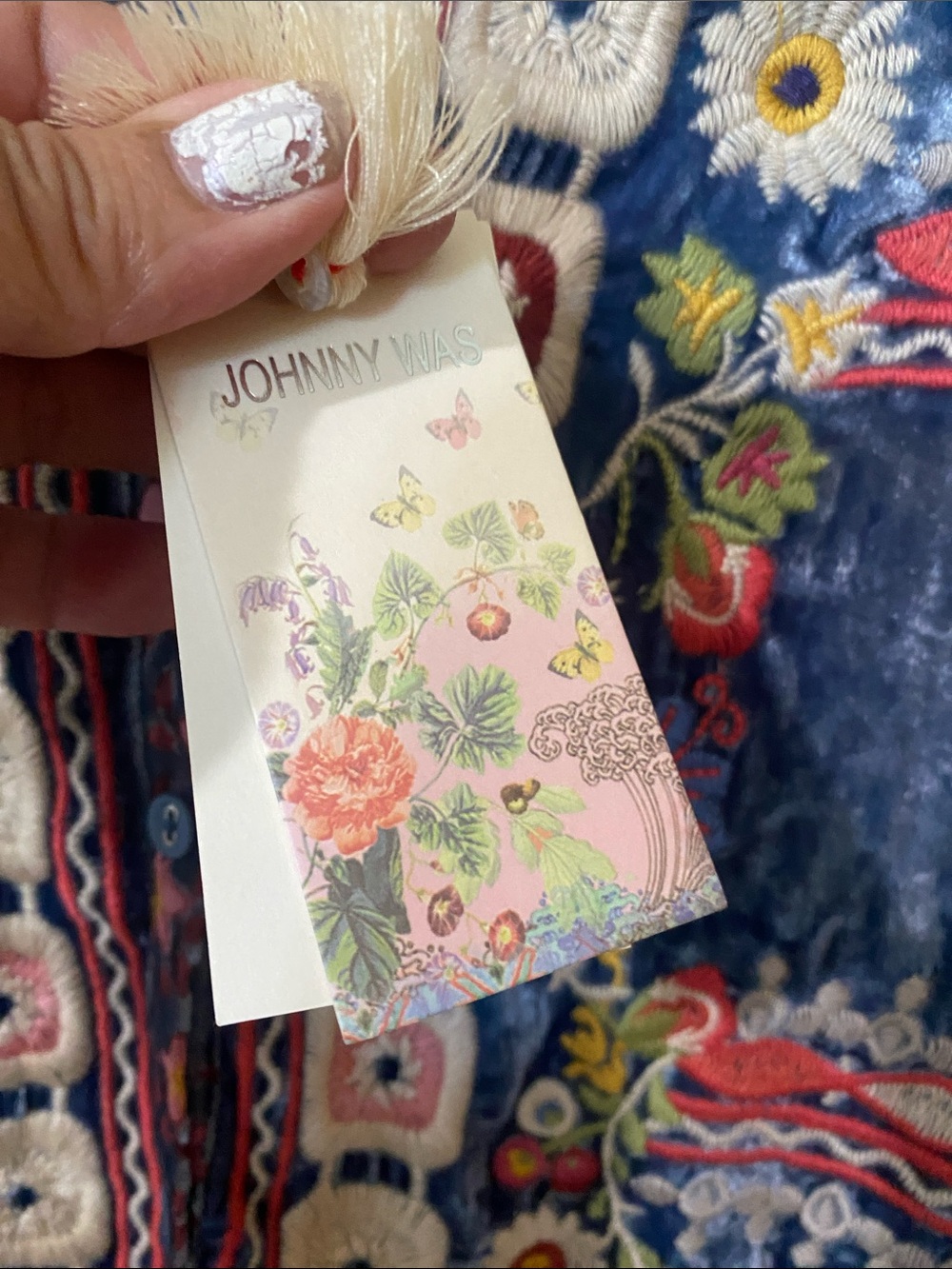 Johnny Was Navy Multicolor Embroidered Velvet-Panel Boho Long Sleeve Dress - Picture 7 of 13